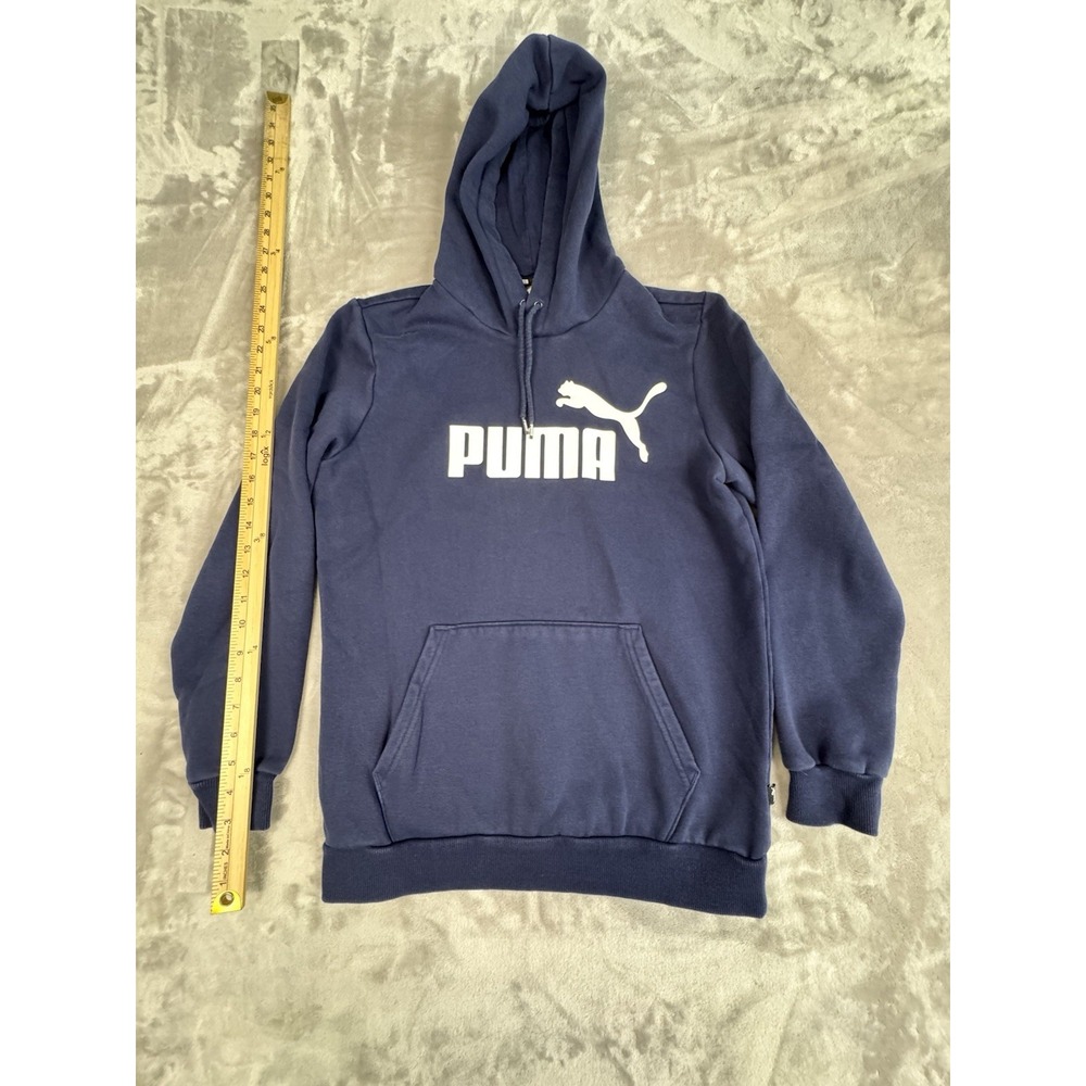 Puma Sweater Mens Size Small Blue White Spell Out Logo Pullover Hoodie